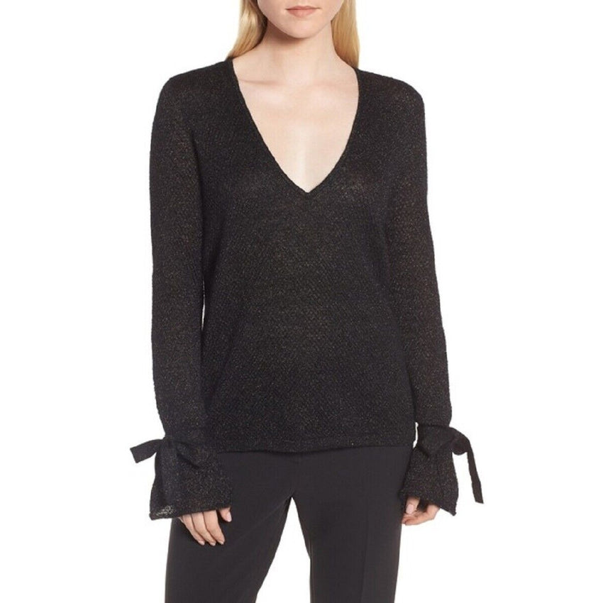Lewit Metallic Mohair Blend Sweater V Neck Tie Sleeve Sweater