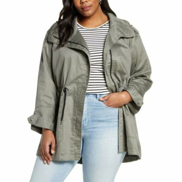 Halogen Green Drawstring Waist Washed Cotton Parka Jacket