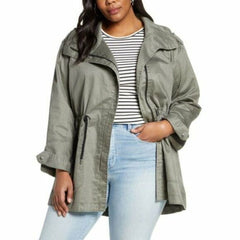 Halogen Green Drawstring Waist Washed Cotton Parka Jacket