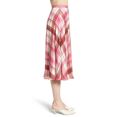 Lewit Pink Plaid 100%Silk Midi Satin Slip A Line Skirt