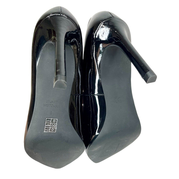 Stuart Weitzman Leigh 95 Pointed Toe Black Patent Leather Pumps