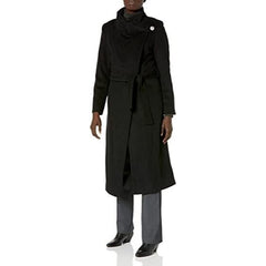Kenneth Cole NY Fencer Melton Wool Belted Black Coat Mid Length
