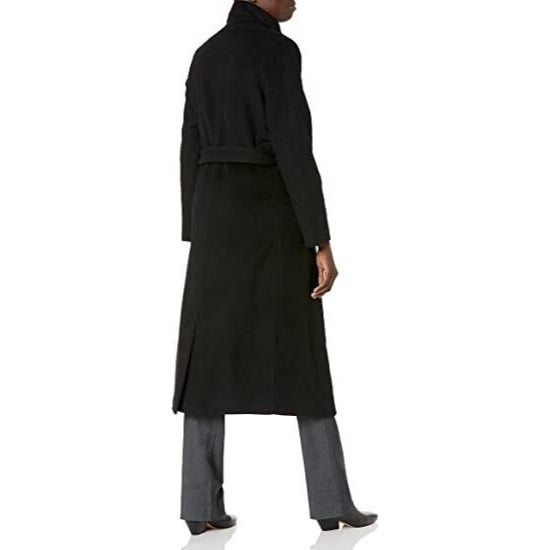 Kenneth Cole NY Fencer Melton Wool Belted Black Coat Mid Length
