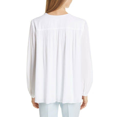 Lewit White V-neck Shirred Long Sleeves Blouse