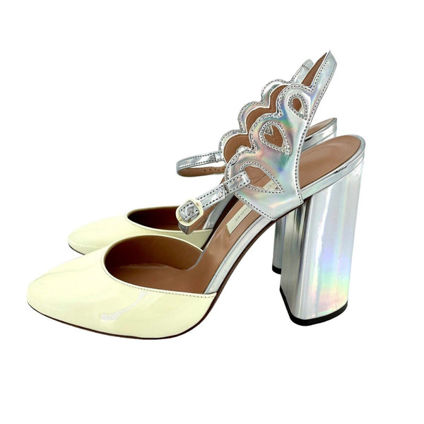 L'Autre Chose Patent Leather Ankle Strap Pumps Yellow Silver Metallic