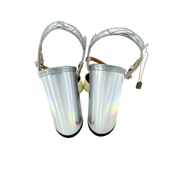 L'Autre Chose Patent Leather Ankle Strap Pumps Yellow Silver Metallic