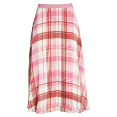 Lewit Pink Plaid 100%Silk Midi Satin Slip A Line Skirt