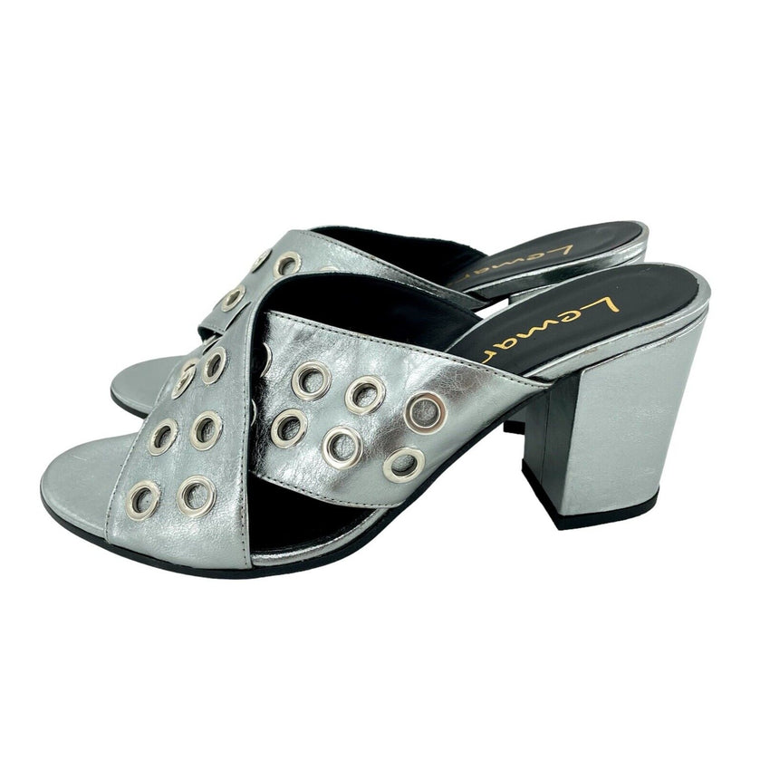 Lemare Metallic Pewter Cross Grommet Block Heel Sandals
