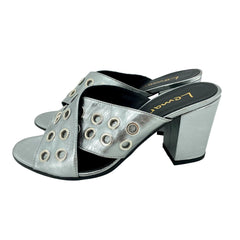 Lemare Metallic Pewter Cross Grommet Block Heel Sandals