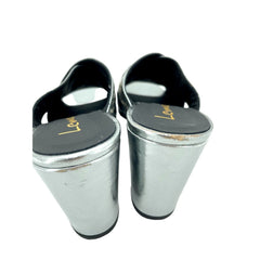 Lemare Metallic Pewter Cross Grommet Block Heel Sandals