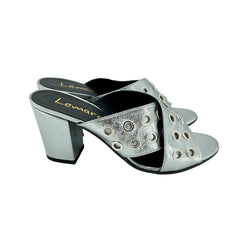 Lemare Metallic Pewter Cross Grommet Block Heel Sandals