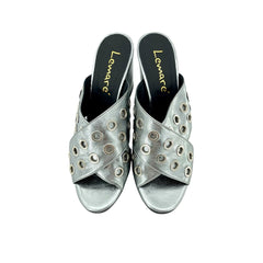 Lemare Metallic Pewter Cross Grommet Block Heel Sandals