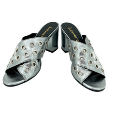 Lemare Metallic Pewter Cross Grommet Block Heel Sandals