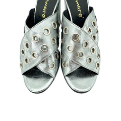 Lemare Metallic Pewter Cross Grommet Block Heel Sandals