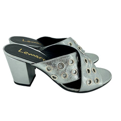 Lemare Metallic Pewter Cross Grommet Block Heel Sandals