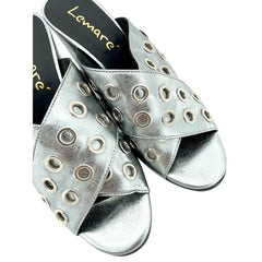 Lemare Metallic Pewter Cross Grommet Block Heel Sandals