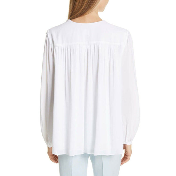 Lewit White V-neck Shirred Long Sleeves Blouse