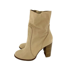 Chinese Laundry Cool Kid Beige Leather Raw Edge Block Heel Boots