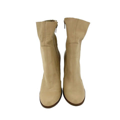 Chinese Laundry Cool Kid Beige Leather Raw Edge Block Heel Boots