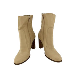Chinese Laundry Cool Kid Beige Leather Raw Edge Block Heel Boots