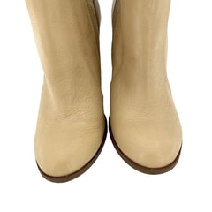 Chinese Laundry Cool Kid Beige Leather Raw Edge Block Heel Boots