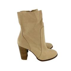Chinese Laundry Cool Kid Beige Leather Raw Edge Block Heel Boots