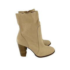 Chinese Laundry Cool Kid Beige Leather Raw Edge Block Heel Boots
