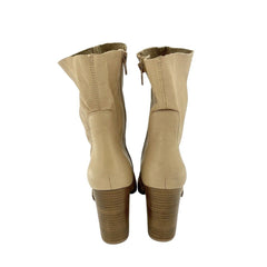 Chinese Laundry Cool Kid Beige Leather Raw Edge Block Heel Boots