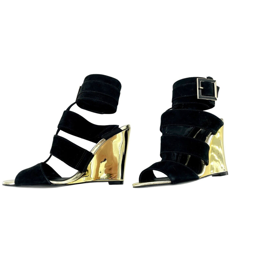 Schutz Gold Metallic Wedge Black Suede Sandals
