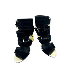 Schutz Gold Metallic Wedge Black Suede Sandals