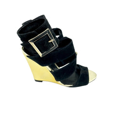 Schutz Gold Metallic Wedge Black Suede Sandals