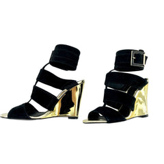 Schutz Gold Metallic Wedge Black Suede Sandals