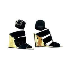 Schutz Gold Metallic Wedge Black Suede Sandals