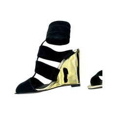 Schutz Gold Metallic Wedge Black Suede Sandals