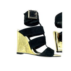 Schutz Gold Metallic Wedge Black Suede Sandals