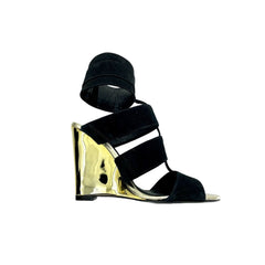 Schutz Gold Metallic Wedge Black Suede Sandals