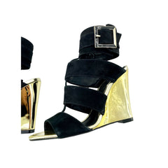 Schutz Gold Metallic Wedge Black Suede Sandals