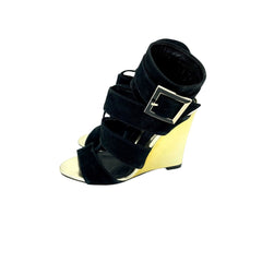 Schutz Gold Metallic Wedge Black Suede Sandals