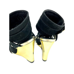 Schutz Gold Metallic Wedge Black Suede Sandals