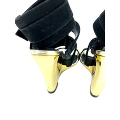 Schutz Gold Metallic Wedge Black Suede Sandals
