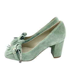 Cheville Green Suede Leather Block Heel Pumps