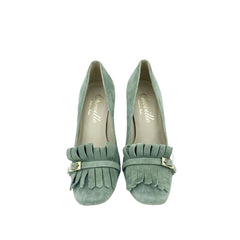 Cheville Green Suede Leather Block Heel Pumps