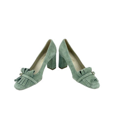 Cheville Green Suede Leather Block Heel Pumps