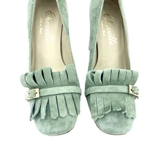 Cheville Green Suede Leather Block Heel Pumps