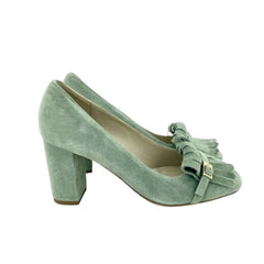 Cheville Green Suede Leather Block Heel Pumps