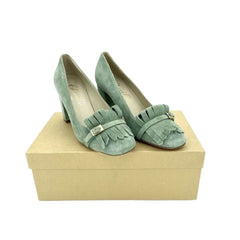 Cheville Green Suede Leather Block Heel Pumps