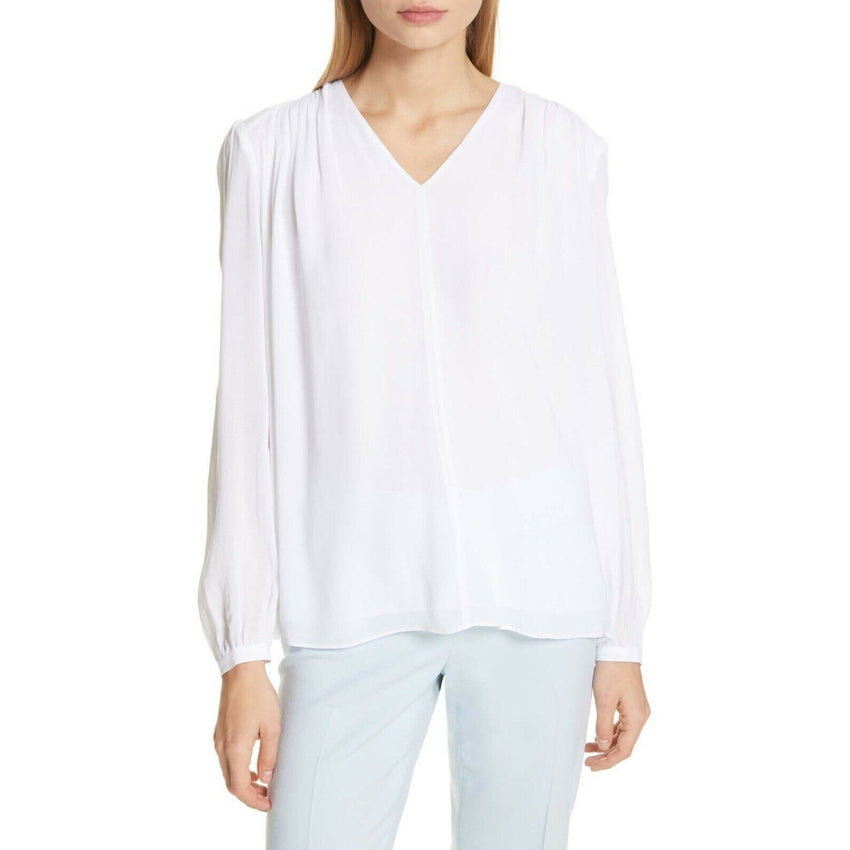 Lewit White V-neck Shirred Long Sleeves Blouse