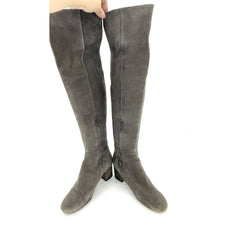Halogen Grey Suede Leather Over The Knee Block Heel Boots - PRE-OWNED