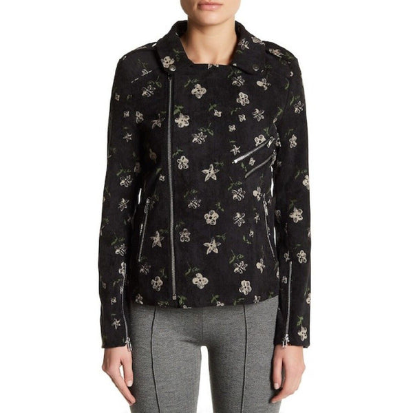 Romeo & Juliet Couture Black Floral Moto Corduroy Jacket