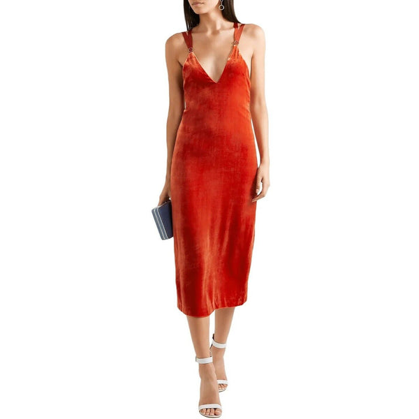 Dion Lee Orange Velvet Mesh Straps V Neck Plunge Midi Slip Dress